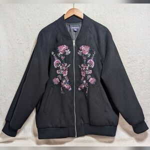 Roaman's Black Bomber Jacket with Floral Embroidery Women's size L 18/20